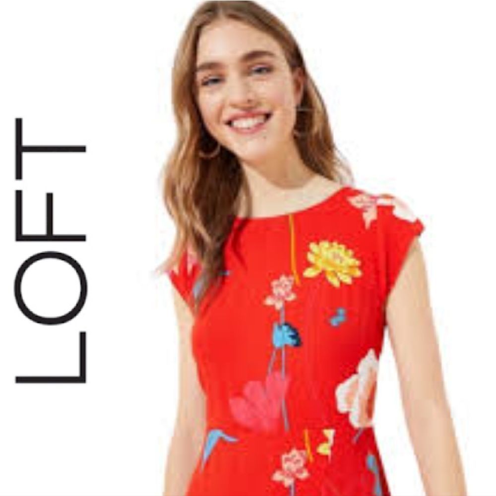 LOFT Orange Red Lily Floral Cap Sleeve Side Slit Midi Dress SMALL - Picture 7 of 16